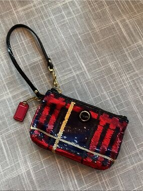 Coach Sequin Wristlet in Red, Navy & Gold Plaid